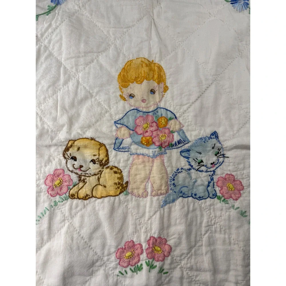 VTG Handmade Baby Quilt Nursery Crib Cream Pink Hand Embroidered Cat Dog 33x42